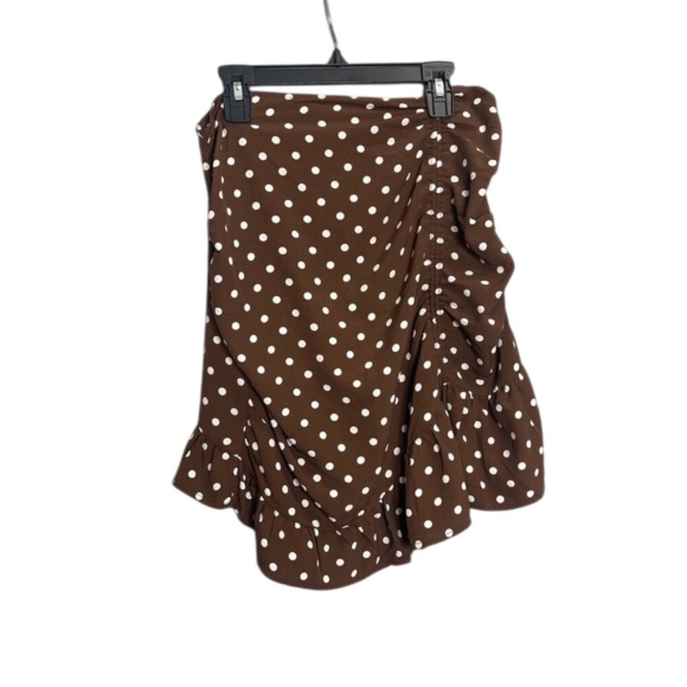 Francesca's Collections Brown Asymmetrical Skirt with White Polka Dots